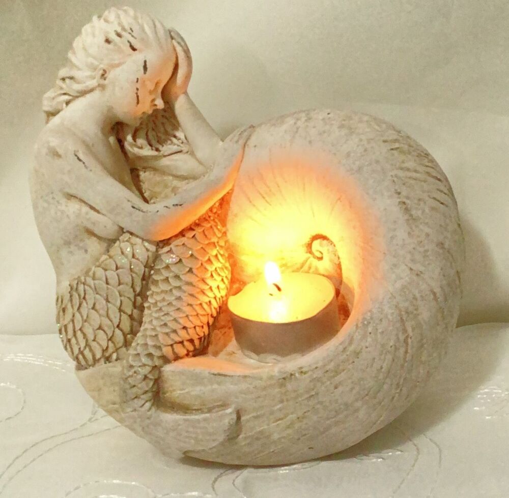 Mermaid Nautilus Shell Candle Holder Gemstone Dish Plaster 7.5” Coastal